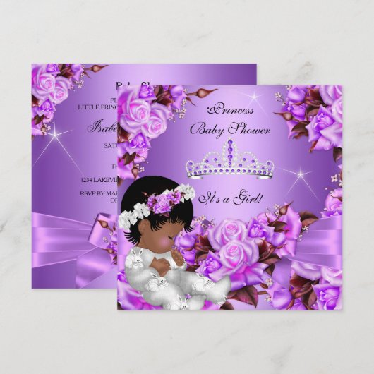 Invitation Fête de naissance Princesse Bébé Fille Violet Rose (Devant / Derrière)