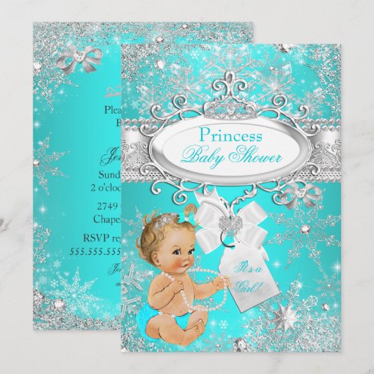 Invitation Fête de naissance Princesse Bébé Flocons de neige (Devant / Derrière)