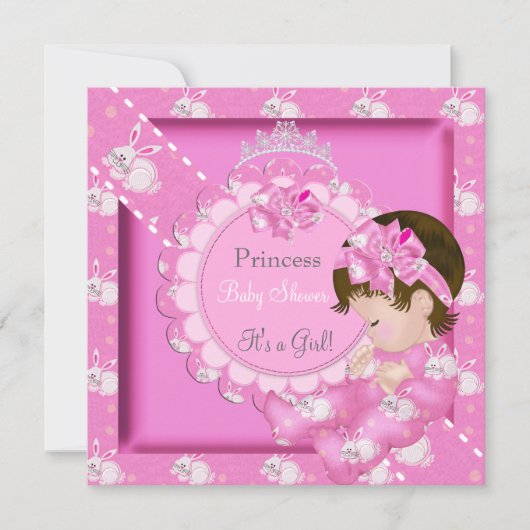 Invitation Fête de naissance Princesse Fille Bébé Rose Lapins (Devant)