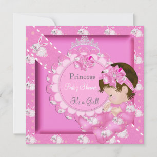 Invitation Fête de naissance Princesse Fille Bébé Rose Lapins