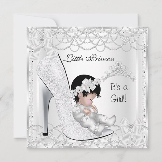 Invitation Fête de naissance Princesse Fille Perle Blanche Ar (Devant)