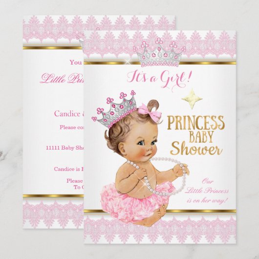 Invitation Fête de naissance Princesse Fille Rose Tutu Or Bru (Devant / Derrière)