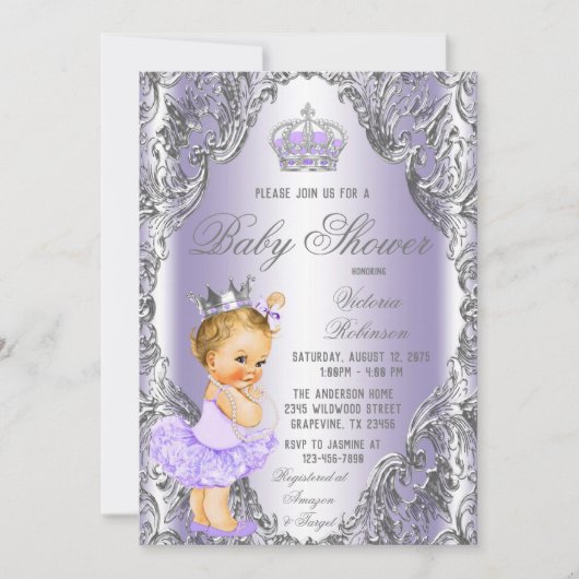 Invitation Fête de naissance Princesse Tutu Argent Lavande (Devant)