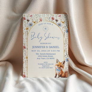 Invitation Fête de naissance renard boisée poussiéreuse bleue
