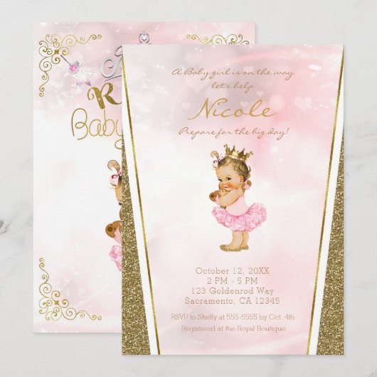 Invitation Fête de naissance rétro de princesse avec paillett (Devant / Derrière)