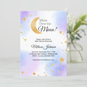 Invitation Fête de Naissance Rose Bleu Mixte Bébé Lune (Debout devant)