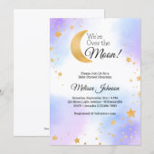 Invitation Fête de Naissance Rose Bleu Mixte Bébé Lune (Devant / Derrière)