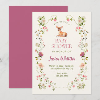 Invitation Fête de naissance Rose et Vert Cerf et Fleurs