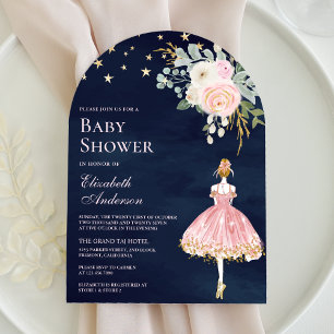 Invitation Fête de naissance Rose Gold Floral Ballerina Navy