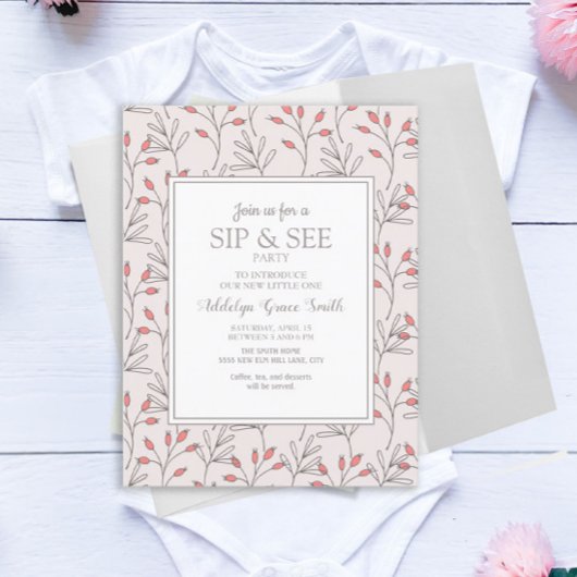 Invitation Fête de naissance Rose Pâle et Feuilles Blanches S