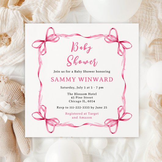 Invitation Fête de Naissance Ruban Coquette Rose