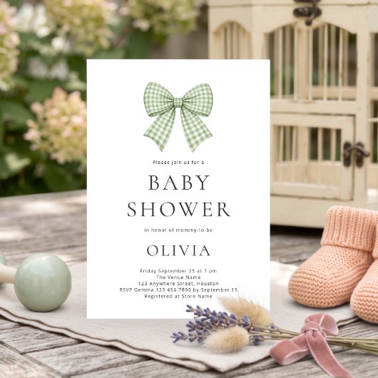 Invitation Fête de Naissance Ruban Gingham Sage Coquette