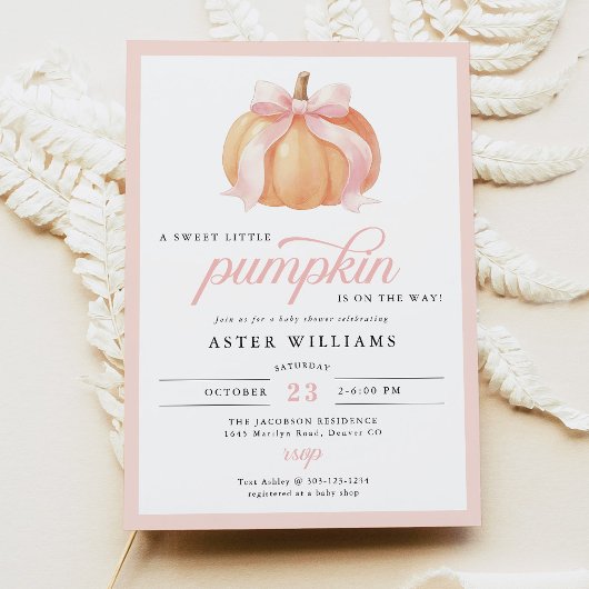 Invitation Fête de Naissance Ruban Rose Pâle Citrouille