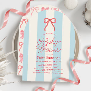 Invitation Fête de naissance Ruban Rouge et Rayures Bleues