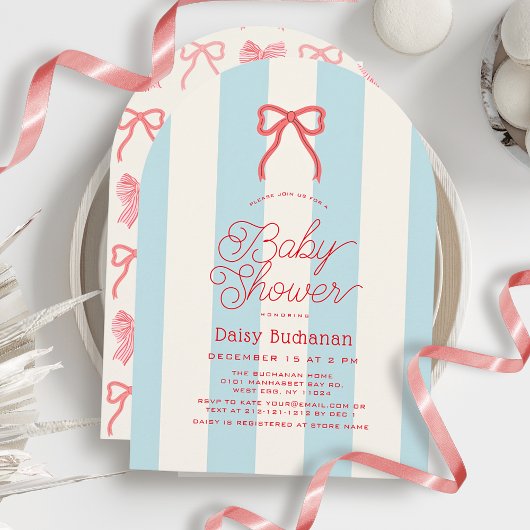 Invitation Fête de naissance Ruban Rouge et Rayures Bleues