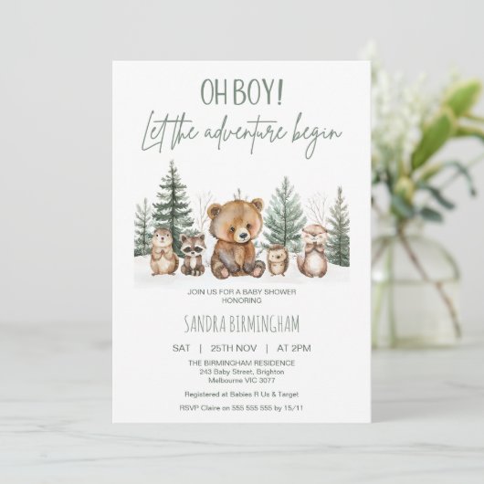 Invitation Fête de naissance Rustique Bois Vert Aventure Comm (Debout devant)