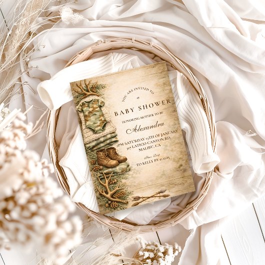 Invitation Fête de Naissance Rustique Little Hunter en Forêt
