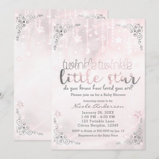 Invitation Fête de Naissance Scintillant Petite Étoile Rose e (Devant / Derrière)