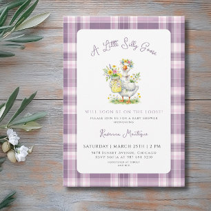 Invitation Fête de Naissance Silly Goose Flower Purple Gingha
