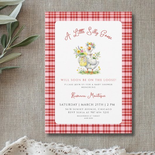 Invitation Fête de Naissance "Silly Goose Flower Red Gingham
