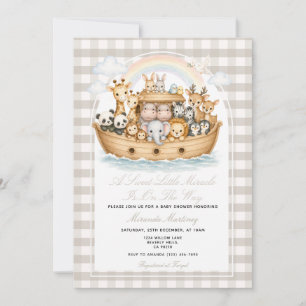 Invitation Fête de naissance Taupe beige à carreaux Noé