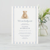 Invitation Fête de naissance Teddy Bear Boy Blue Stripes (Debout devant)