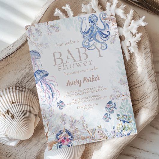 Invitation Fête de naissance thème faune marine côtière aquar
