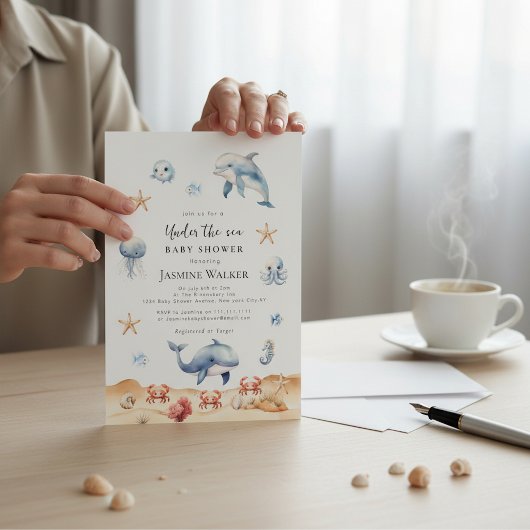 Invitation Fête de Naissance Thème Océan Dauphin Aquarelle