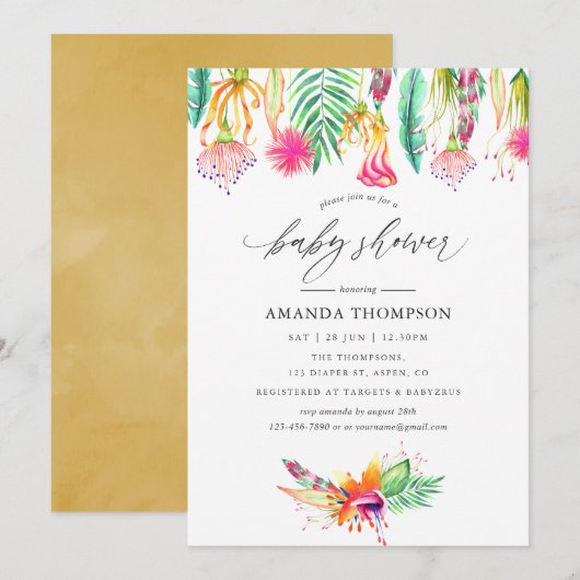 Invitation Fête de naissance tropicale d'été à l'aquarelle (Devant / Derrière)