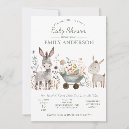 Invitation Fête de naissance unisexe Bébé Ânes | (Devant)