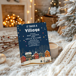 Invitation Fête de Naissance Village de Noël Cozy