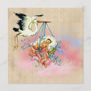 Invitation Fête de naissance vintage bébé garçon cigogne