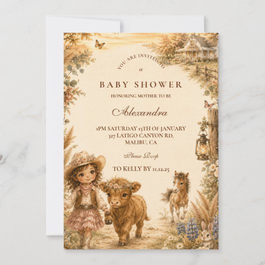 Invitation Fête de naissance Western Boho pour fille (Devant)
