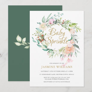Invitation Fête de naissance Woodland Roses Gold Script