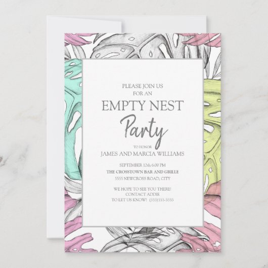 Invitation Fête de nid vide feuille tropicale gris sarcelle r (Devant)