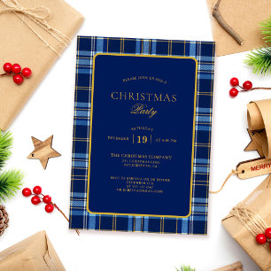 Invitation Fête de Noël à carreaux bleu marine et or