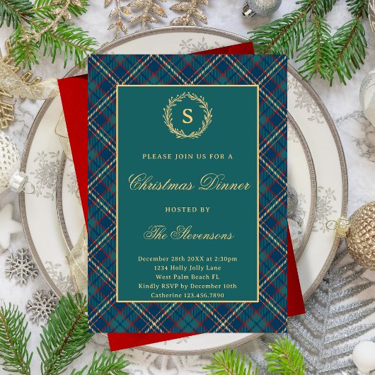 Invitation Fête de Noël à carreaux monogramme classique vert