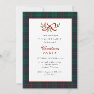 Invitation Fête de Noël à carreaux rouge et vert avec nœud