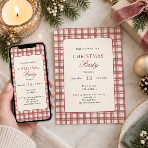 Invitation Fête de Noël à carreaux Tartan Rouge et Ivoire