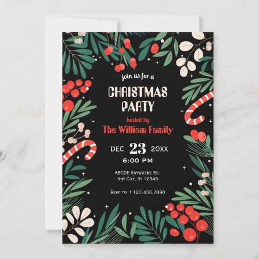 Invitation Fête de Noël à fleurs noires (Devant)