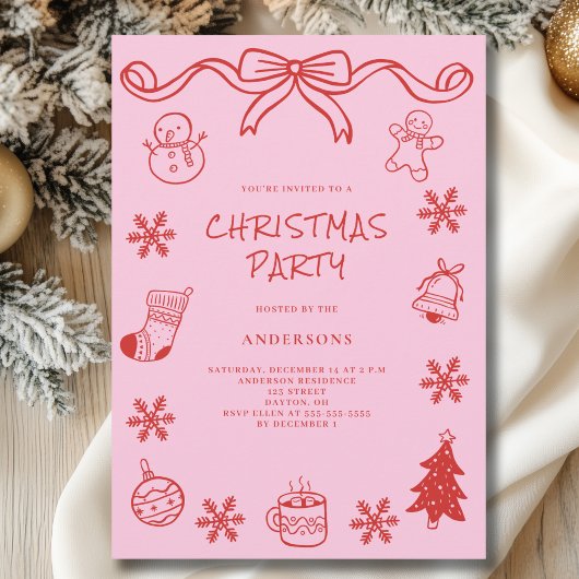 Invitation Fête de Noël à la main rouge griffée