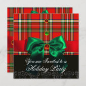 INVITATION FÊTE DE NOËL À RUBANS VERTS ET TARTAN ÉCOSSAIS ROU (Devant / Derrière)