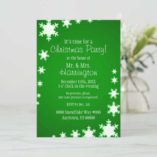 Invitation Fête de Noël à thème vert et blanc (Debout devant)