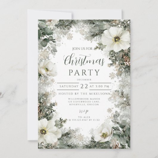 Invitation Fête de Noël Anémonique Rustique Blanc (Devant)