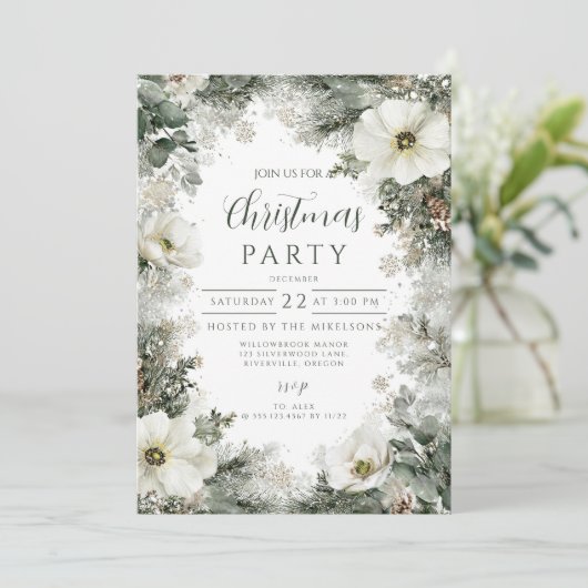 Invitation Fête de Noël Anémonique Rustique Blanc (Debout devant)