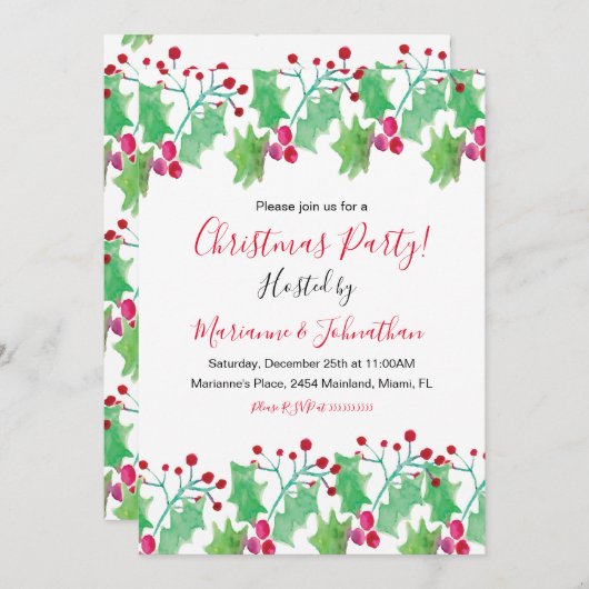 Invitation Fête de Noël Aquarelle Berry Peint main (Devant / Derrière)