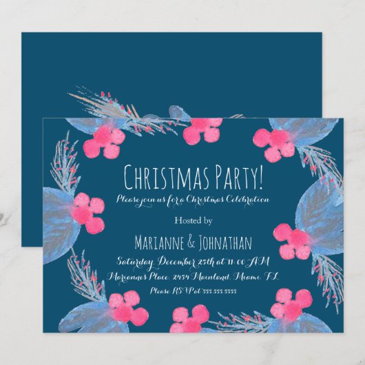 Invitation Fête de Noël aquarelle Pionsettias Berry Blue (Devant / Derrière)