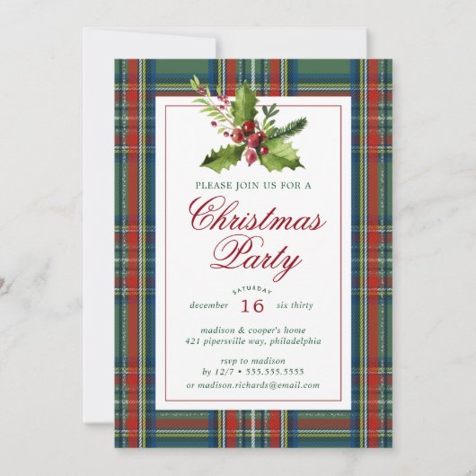 Invitation Fête de Noël | Aquarelle Plaid Holly (Devant)