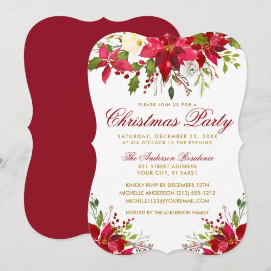 Invitation Fête de Noël Aquarelle rouge Floral Poinsettia (Devant / Derrière)
