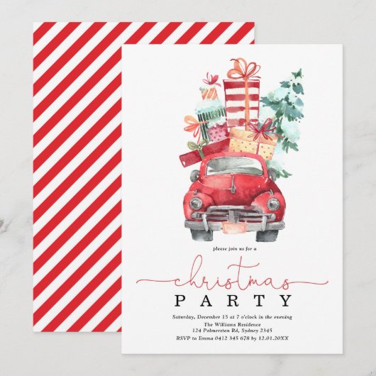 Invitation Fête de Noël, aquarelle rouge voiture vacances d'h (Devant / Derrière)